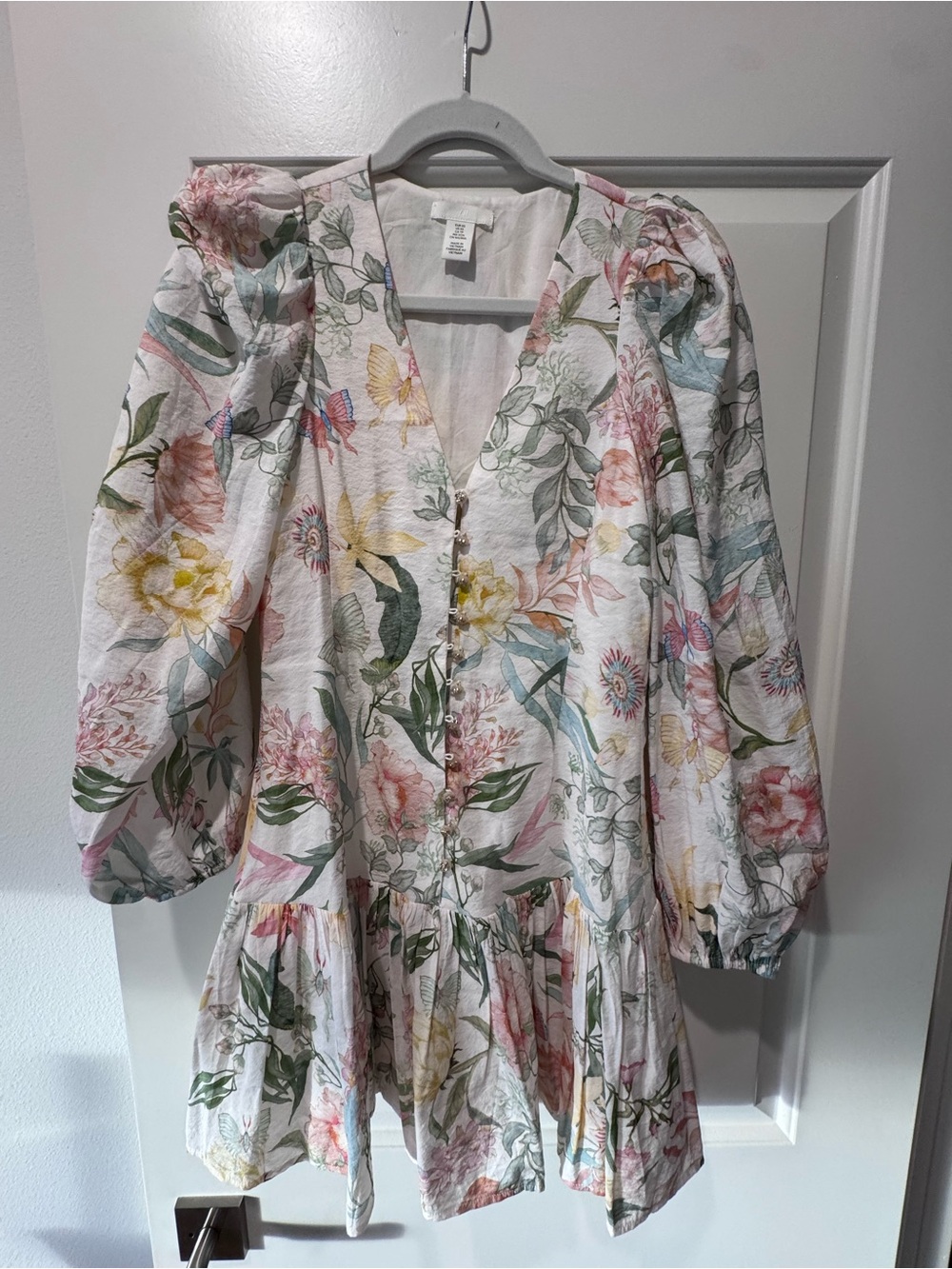V-Neck Floral Puff Sleeve Tunic - White Multi